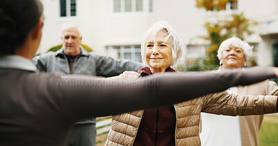 Buy stock photo Stretching, coach or old people outdoor with fitness class, wellness session or support with training. Happy, active or senior group with instructor, exercise together or elderly hobby in retirement.