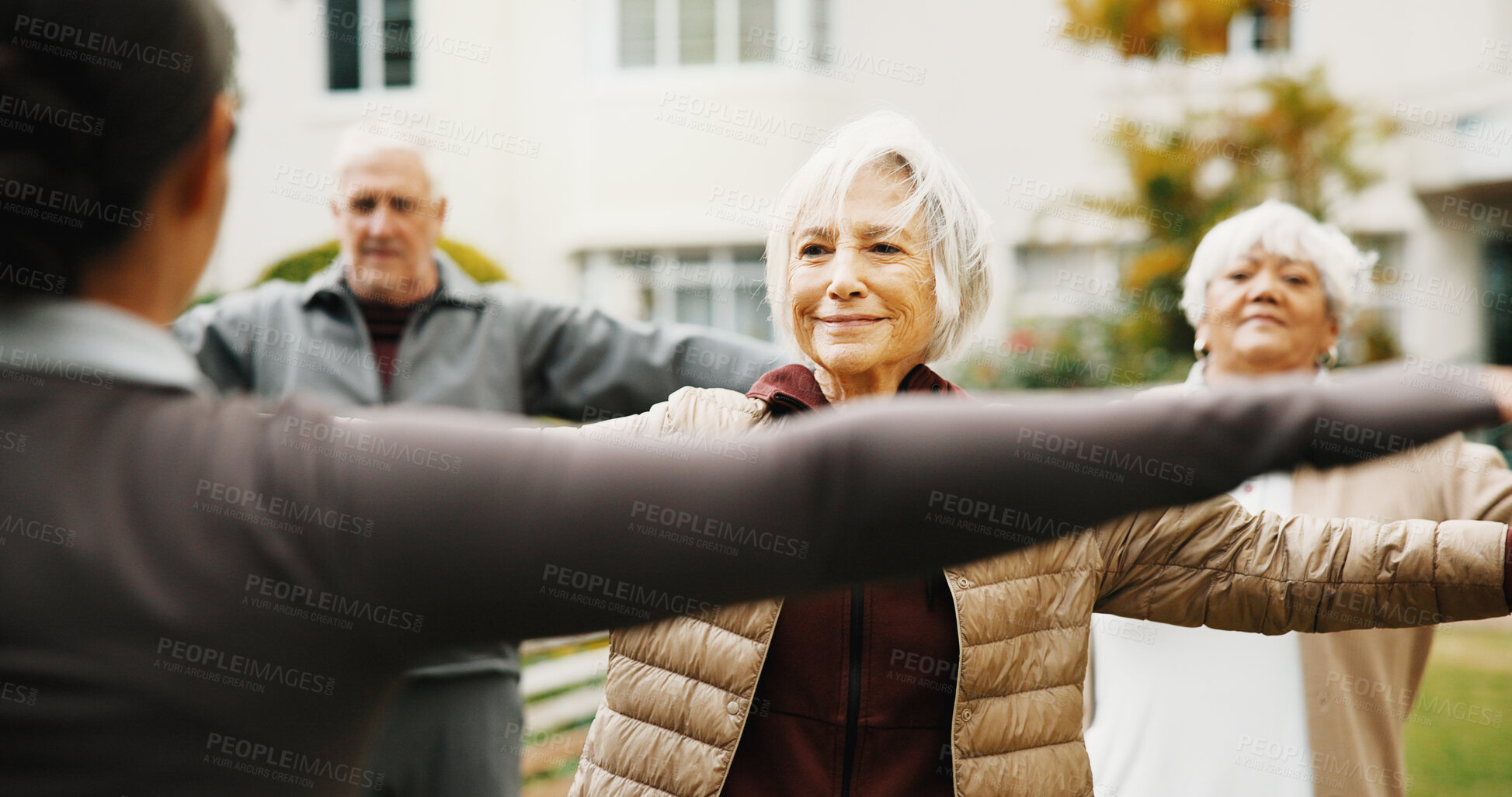 Buy stock photo Stretching, coach or old people outdoor with fitness class, wellness session or support with training. Happy, active or senior group with instructor, exercise together or elderly hobby in retirement.