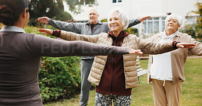 Buy stock photo Stretching, coach or old people in backyard with fitness class, wellness session or support in workout. Happy, active or senior group with instructor, exercise together or elderly hobby in retirement