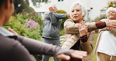 Buy stock photo Stretch, coach or old people in backyard with fitness class, wellness session or support in workout. Active, friends or senior group with instructor, exercise together or elderly hobby in retirement.