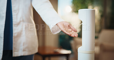 Buy stock photo Doctor, hand and sanitizer dispenser in clinic for hygiene, cleaning or healthcare safety protocol. Medical worker, person and disinfectant spray in hospital for disease prevention, germs or bacteria