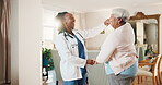 Doctor, dance and senior woman with happiness for healthcare recovery, rehabilitation and laugh. Retirement, medical worker and moving with funny person, healing or holding hands at homecare visit