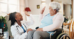 High five, nurse and old woman with disability in wheelchair for checkup or healthcare success. Celebration, conversation and smile of caregiver with happy senior patient in home for rehabilitation