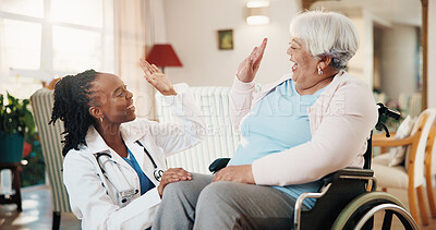 Buy stock photo High five, nurse and old woman with disability in wheelchair for checkup or healthcare success. Celebration, conversation and smile of caregiver with happy senior patient in home for rehabilitation
