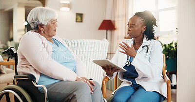 Buy stock photo Conversation, nurse with tablet and old woman in wheelchair for home checkup or healthcare. App, explain and support with caregiver speaking to senior patient in living room for rehabilitation
