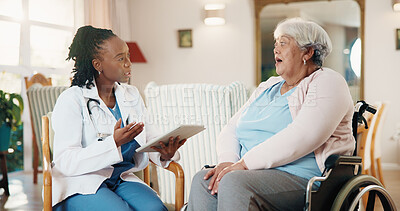 Buy stock photo Healthcare, nurse with tablet and old woman in wheelchair for appointment or home visit. Conversation, smile and support with caregiver talking to senior patient with disability for rehabilitation