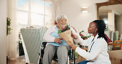 Buy stock photo Doctor, flowers or old woman in wheelchair with gift for healthcare support, rehabilitation or smile. Bouquet, medical worker or person with disability, giving present or homecare visit in retirement