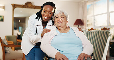 Buy stock photo Portrait, doctor and old woman in retirement home with wheelchair, support or smile for medical checkup. Happy, healthcare worker and senior person with disability, homecare visit and rehabilitation.