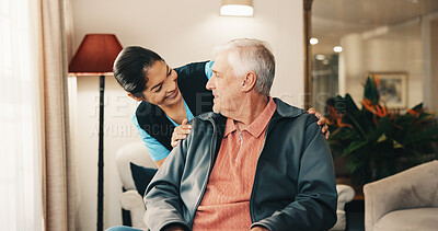 Buy stock photo Caregiver, checkup and old man at house with smile, assistance and geriatric for medical advice. Happy, nurse and support in lounge with senior person, assisted living and patient care for healthcare
