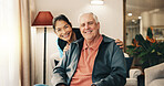 Portrait, caregiver and old man at house with smile, assistance and trust for medical service. Happy, woman or nurse in home with senior person, assisted living or elderly care for healthcare service