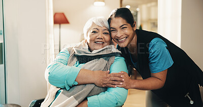 Buy stock photo Portrait, caregiver and old woman at house with smile, assistance and trust for medical service. Happy, nurse and  pride in lounge with senior person, assisted living and patient care for healthcare