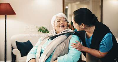 Buy stock photo Caregiver, checkup and old woman at house with smile, assistance and geriatric for medical advice. Happy, nurse and pride in lounge with senior person, assisted living and patient care for healthcare