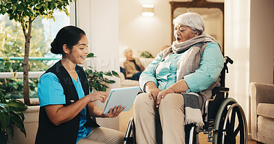 Buy stock photo Healthcare, nurse and tablet with old woman in wheelchair for advice, checkup or results. App, consulting and medical professional talking to senior person with disability in home for rehabilitation