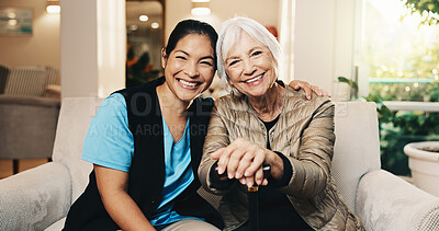 Buy stock photo Portrait, caregiver and old woman at house with walking stick, geriatric and physio for medical. Smile, nurse and senior person with disability, assisted living and patient care for rehabilitation