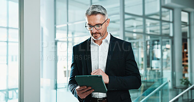 Buy stock photo Glasses, reading and tablet with business man in office for account review, stock holdings and research. Portfolio index, asset management and planning with mature employee for online investment