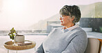 Thinking, relax and senior woman in house with planning, ideas or decision on retirement experience. Choice, calm and elderly person in living room with nostalgia, reflection or memory in home.