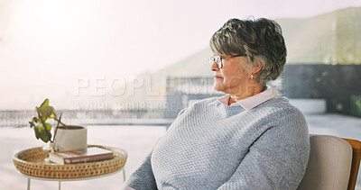 Buy stock photo Thinking, relax and senior woman in house with decision or choice on retirement experience. Space, calm and elderly person in living room with nostalgia, reflection or memory in home on weekend