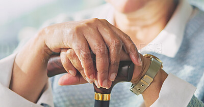 Buy stock photo Hands, walking stick and senior woman in home for recovery, balance or rehabilitation with support. Assisted living, retirement and elderly person with disability in house with cane for mobility aid.