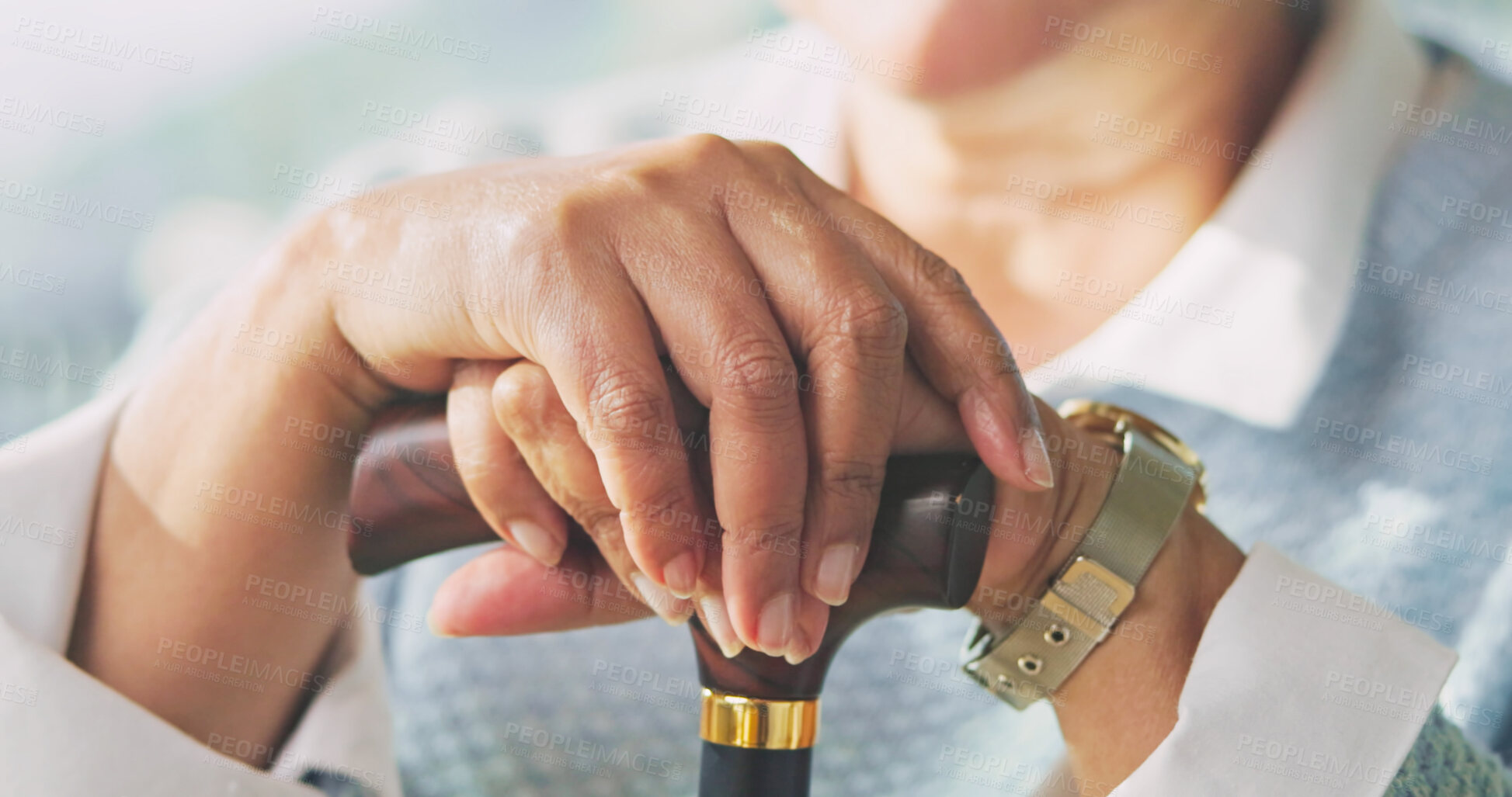 Buy stock photo Hands, walking stick and senior woman in home for recovery, balance or rehabilitation with support. Assisted living, retirement and elderly person with disability in house with cane for mobility aid.