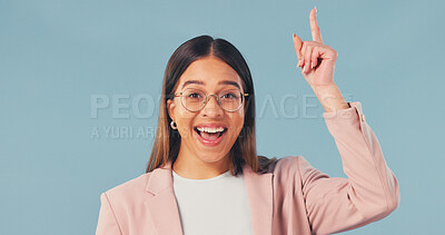 Buy stock photo Business, woman and pointing in studio with surprise, advertising and sign up for job interview. Portrait, space and excited with female person, announcement and gesture for hiring on blue background