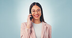 Phone call, smile and business woman in studio for insurance negotiation, portrait or space. Mobile, broker and happy person listen to contact, premium benefits or coverage options on blue background