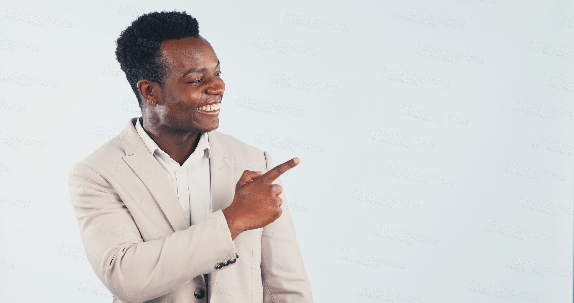 Buy stock photo Happy, business and black man point in studio, advertising and announcement for job interview. Smile, mockup space or person with gesture, application and advisory for recruitment on white background