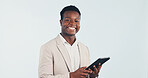 Portrait, businessman and smile in studio with tablet, internet connectivity and finance internship. Happy, black person or accounting intern with digital tech, about us or space on white background.