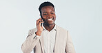 Phone call, business and happy black man in studio for insurance negotiation, feedback or space. Mobile, broker and male person talk to contact, premium benefits or communication on white background