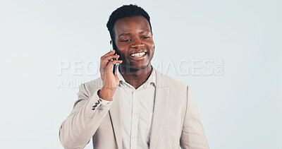 Buy stock photo Phone call, business and happy black man in studio for insurance negotiation, feedback or space. Mobile, broker and male person talk to contact, premium benefits or communication on white background