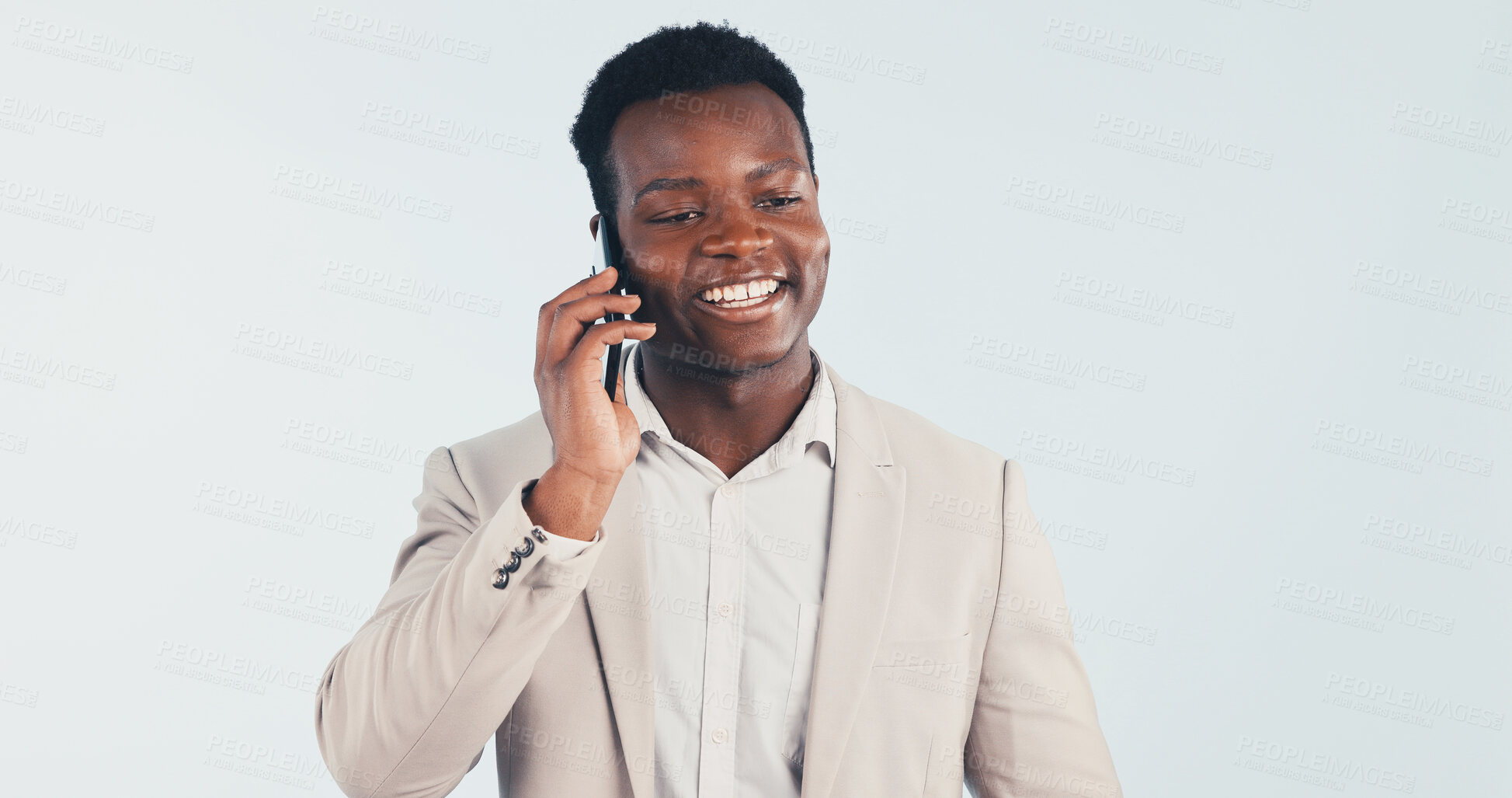 Buy stock photo Phone call, business and happy black man in studio for insurance negotiation, feedback or space. Mobile, broker and male person talk to contact, premium benefits or communication on white background