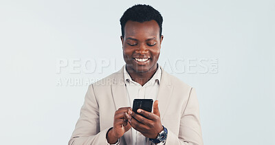 Buy stock photo Happy, businessman and scroll in studio with phone, text message and good news for finance company. Space, black person and financial advisor with tech, app and positive feedback on white background.