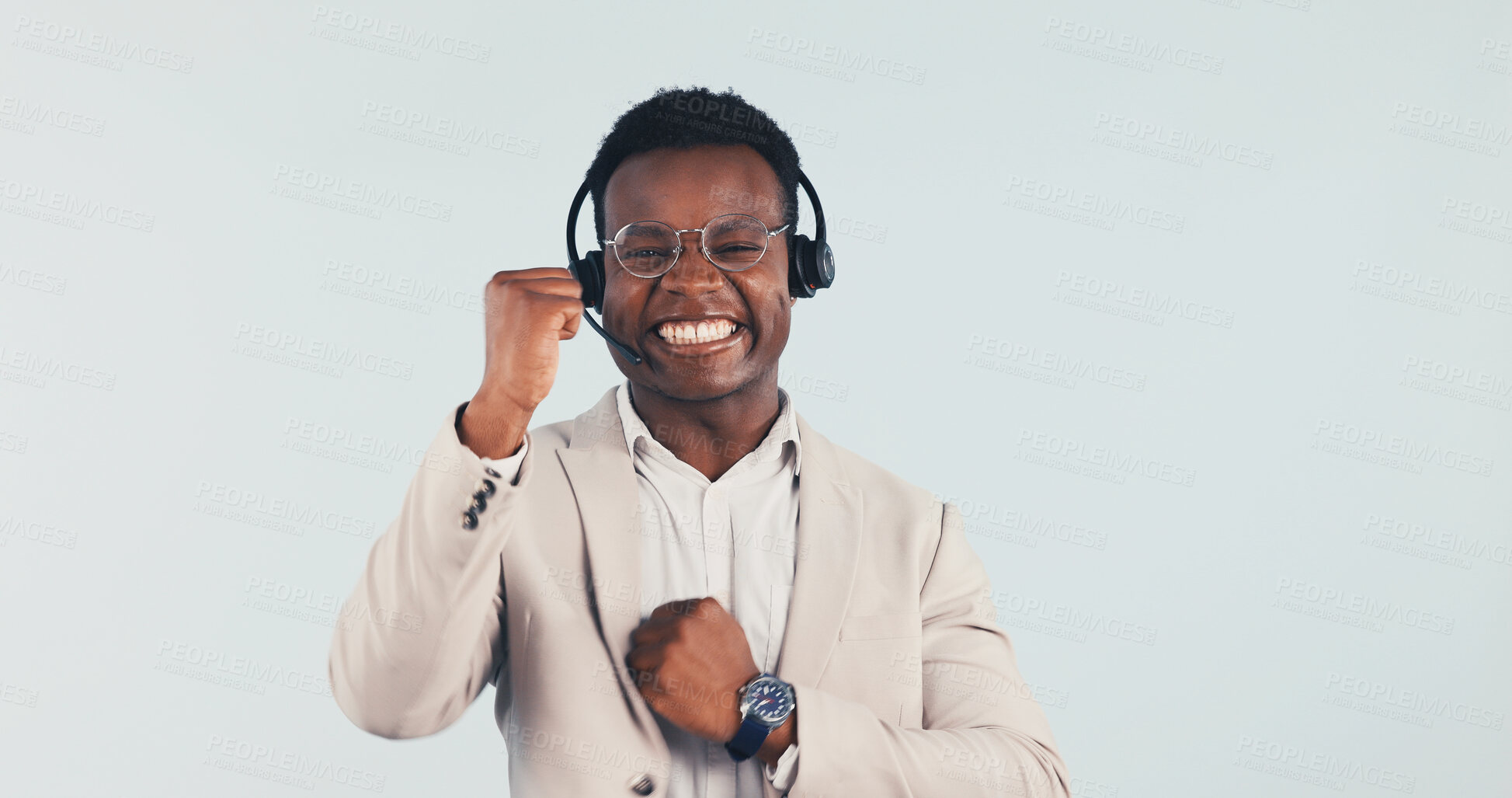 Buy stock photo Fist pump, man or excited with call center agent in studio, target or closing deal for telemarketing. Success, headset and black person with sales achievement, space and portrait on white background