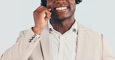 Buy stock photo Hands, man and headset for customer service in studio, call center consultant and happy to help. Smile, mic and support agent with assistance, contact us and communication on white background