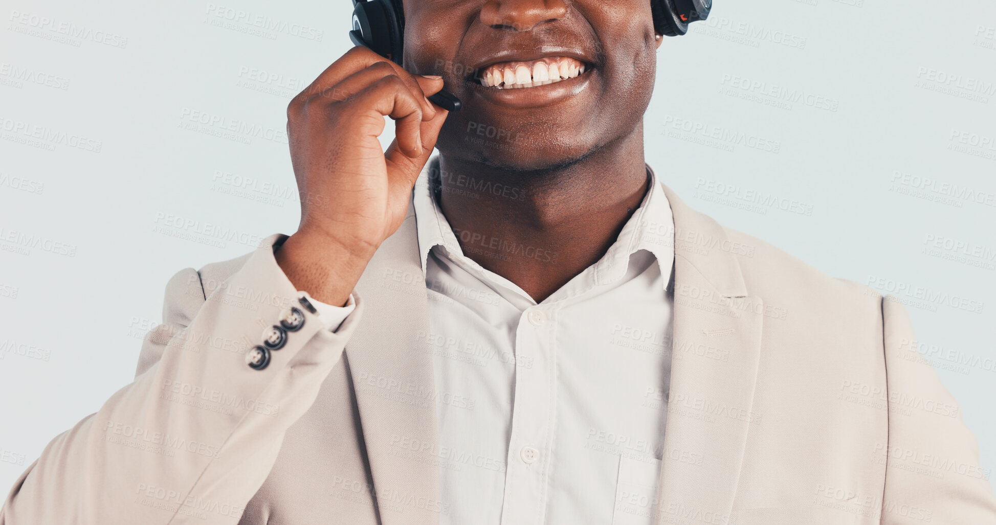 Buy stock photo Hands, man and headset for customer service in studio, call center consultant and happy to help. Smile, mic and support agent with assistance, contact us and communication on white background