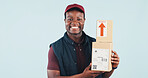 Portrait, smile and delivery man in studio with boxes, postal service and online shopping package. Happy, black person and courier job for ecommerce order, logistics and space on blue background.