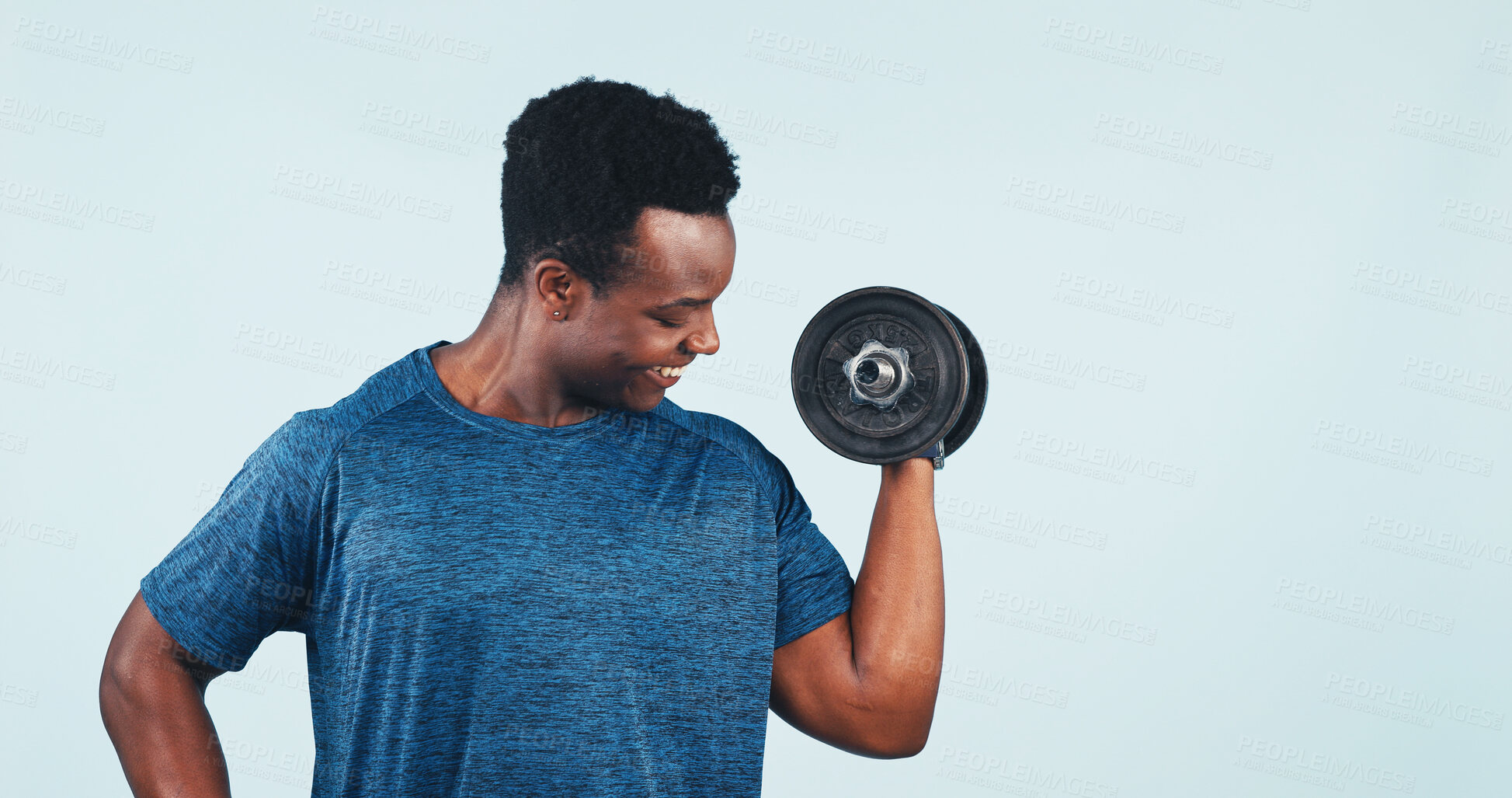 Buy stock photo Weight, fitness and black man in studio by space for workout, muscle training or health. Weightlifting, happy and person with dumbbell for body building, active or exercise on white background.
