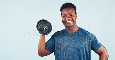 Buy stock photo Weight, fitness and portrait of black man in studio by space for workout, muscle training or health. Weightlifting, happy and person with dumbbell for body building or exercise on white background.