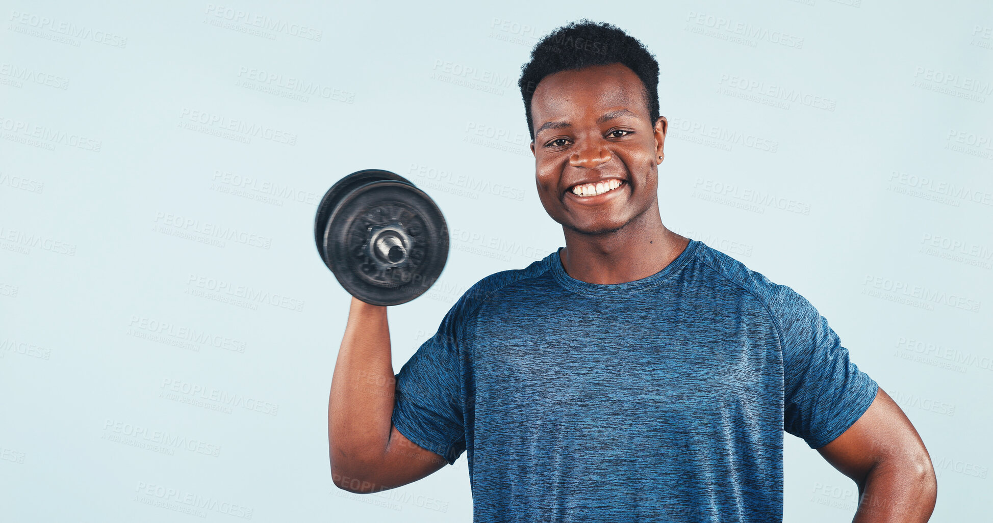 Buy stock photo Weight, fitness and portrait of black man in studio by space for workout, muscle training or health. Weightlifting, happy and person with dumbbell for body building or exercise on white background.