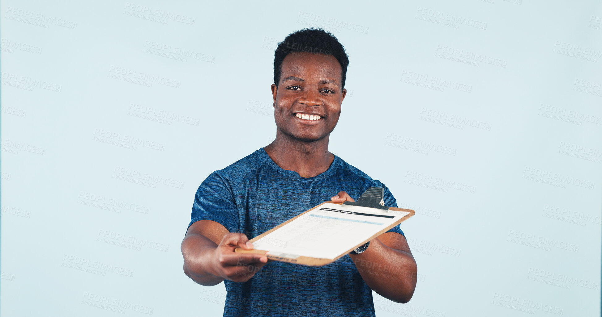 Buy stock photo Clipboard, portrait and black man in studio for fitness, membership and body building training. Registration space, happy or personal trainer with application form for gym sign up on white background
