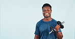 Weight, space and portrait of black man in studio for workout, muscle training or fitness. Weightlifting, happy and person with dumbbell for body building, health or exercise on white background.