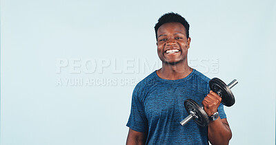 Buy stock photo Weight, space and portrait of black man in studio for workout, muscle training or fitness. Weightlifting, happy and person with dumbbell for body building, health or exercise on white background.
