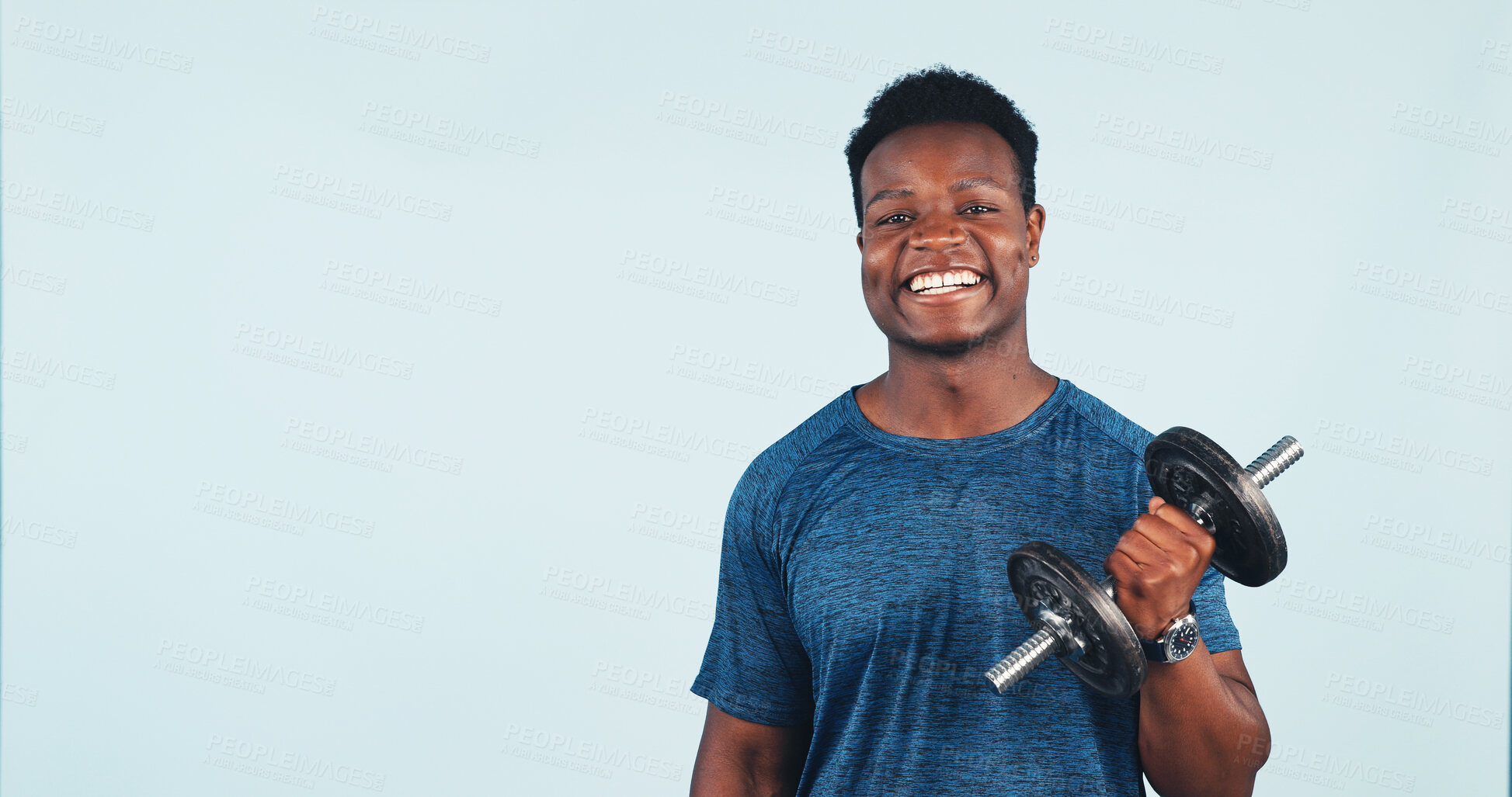 Buy stock photo Weight, space and portrait of black man in studio for workout, muscle training or fitness. Weightlifting, happy and person with dumbbell for body building, health or exercise on white background.