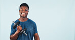 Dumbbell, space and portrait of black man in studio by space for workout, muscle training or fitness. Weightlifting, happy and person with weight for body building or exercise on white background.