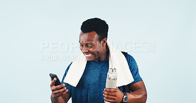 Buy stock photo Excited, black man and fitness in studio with phone, good news and winner for free membership. Mockup space, male person and bottle with mobile, sports competition and achievement on blue background