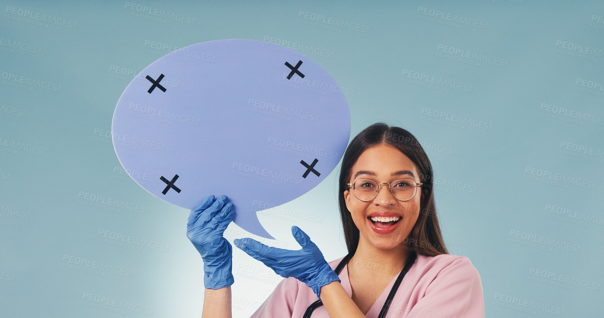 Buy stock photo Medical, portrait and nurse with speech bubble, treatment chat and advice in wellness info. Happy, woman or doctor with social media poster, recovery feedback or health insight on studio background.