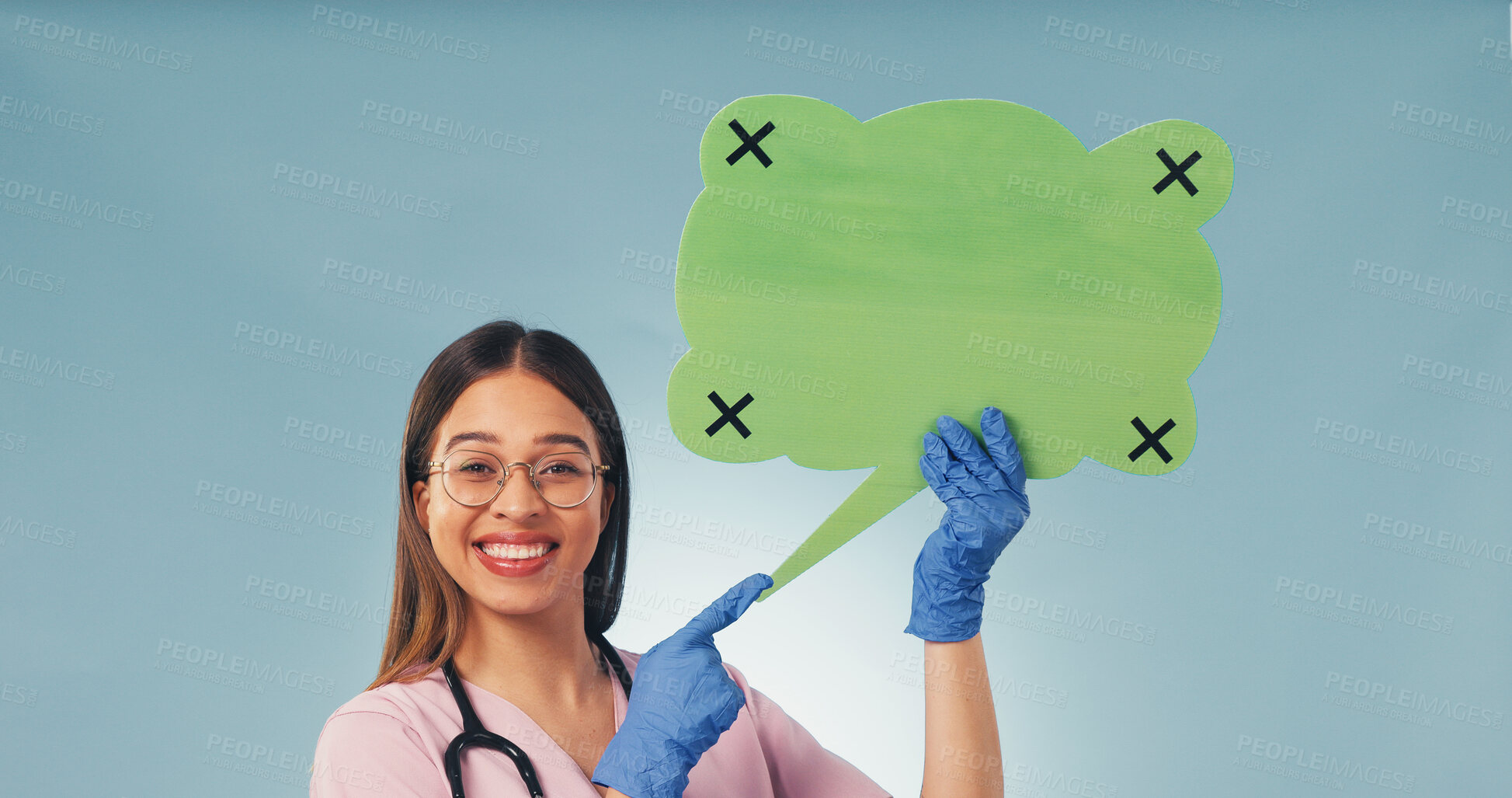 Buy stock photo Medical, portrait or nurse with speech bubble, treatment chat or pointing on wellness info. Smile, woman or doctor with social media poster, recovery feedback or health insight on studio background.