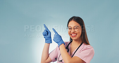 Buy stock photo Medical, portrait or nurse with pointing, treatment list or reminder on wellness information. Mockup space, woman or doctor with instruction, recovery plan or healthcare insight on studio background.