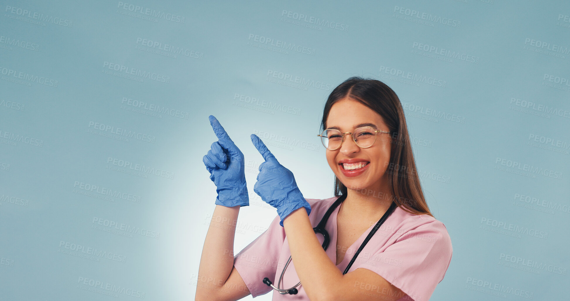 Buy stock photo Medical, portrait or nurse with pointing, treatment list or reminder on wellness information. Mockup space, woman or doctor with instruction, recovery plan or healthcare insight on studio background.