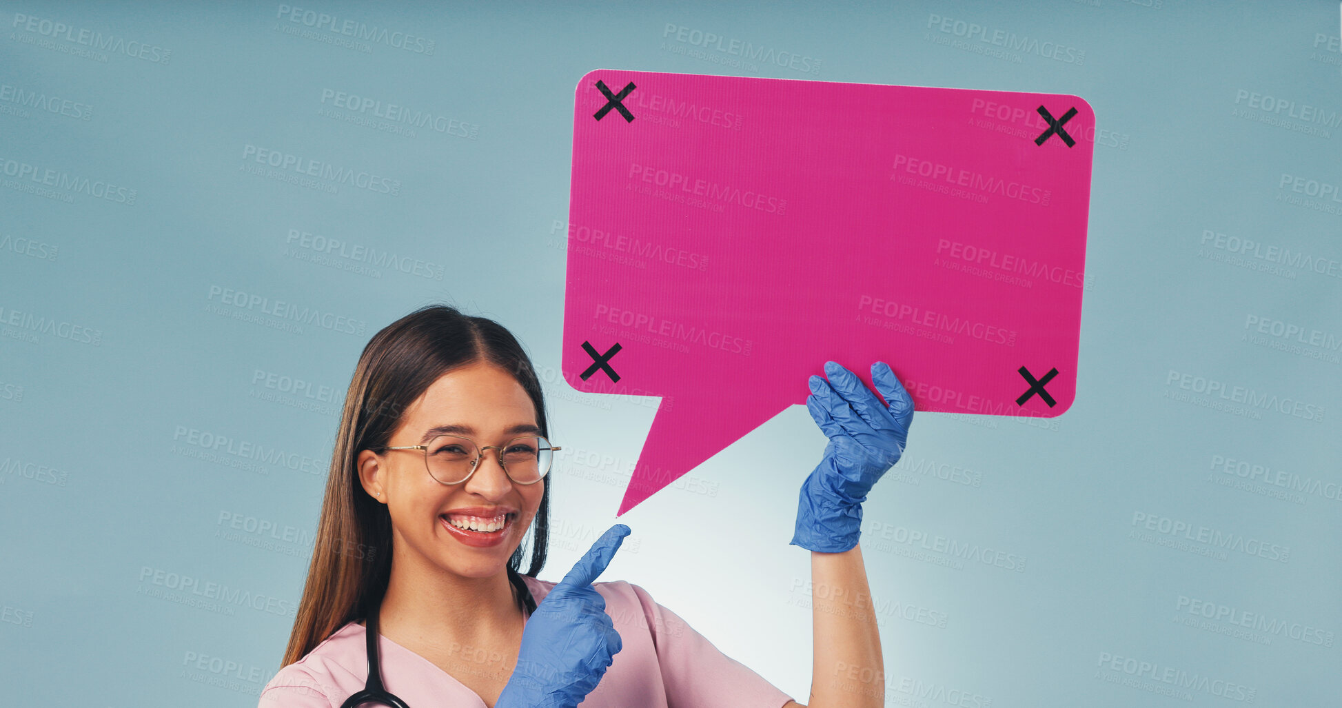 Buy stock photo Medical, portrait or nurse with speech bubble, treatment chat or pointing on wellness info. Happy, woman or doctor with statement poster, recovery feedback or healthcare insight on studio background.