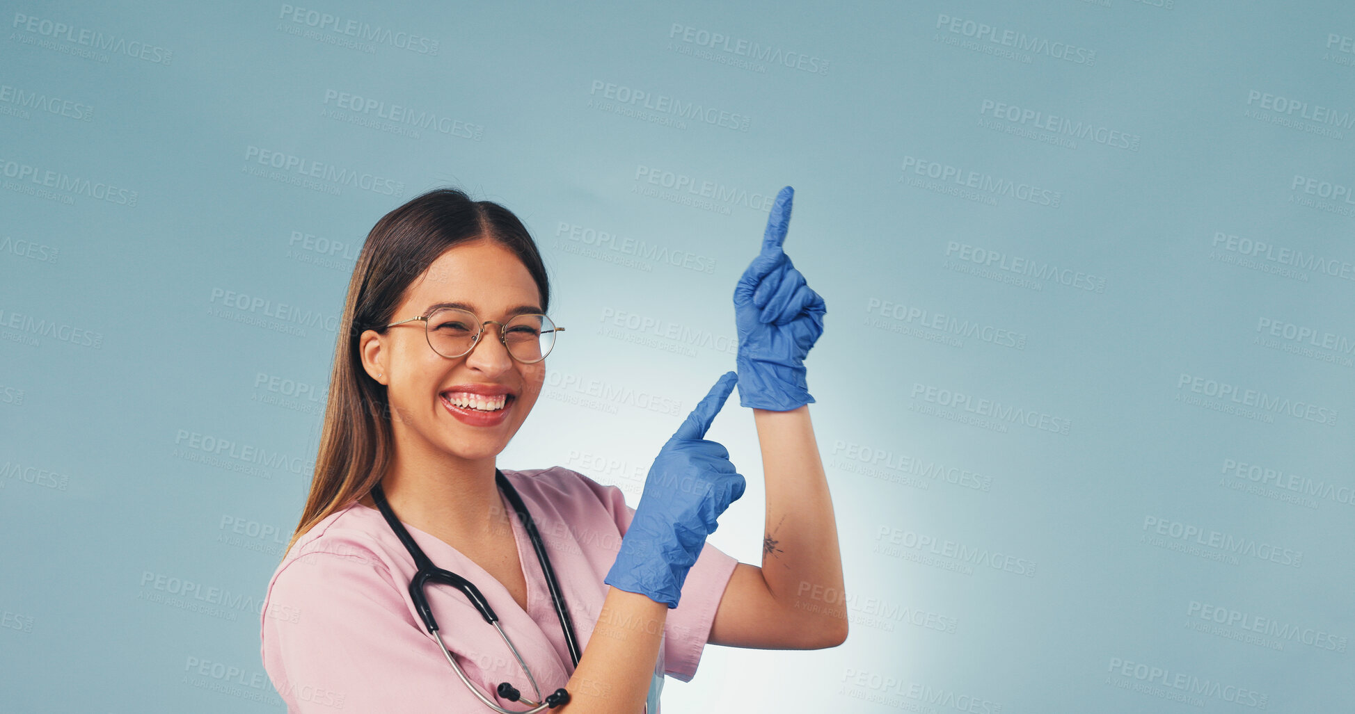 Buy stock photo Medical, portrait or nurse with pointing, recovery list or reminder on wellness information. Mockup space, woman or doctor with instruction, treatment plan or healthcare insight on studio background.